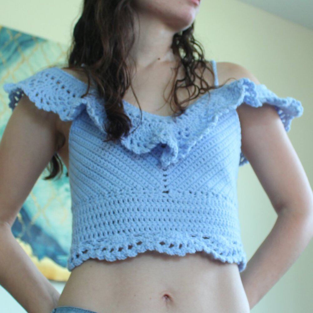🧶 Crochet Aurora Top | Adjustable Crop Top | Handmade Blue Cold Shoulder Top